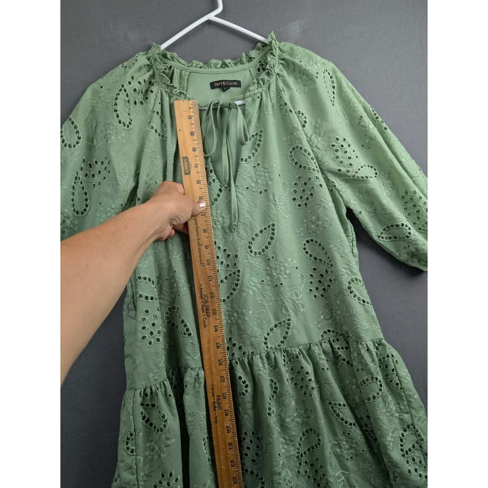 Seni & Cade Green Eyelet Lace Mini Dress Medium Sage Ruffle Tie Neck